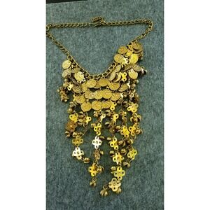 Gold Tone Coin Bell Fringe Bib Necklace 17in 70g Boho Statement Heavy